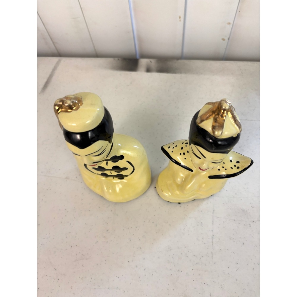 Vintage 1950s Asian Man Woman Ceramic Figurines Pair Yellow Black Gold MCM - Picture 4 of 9